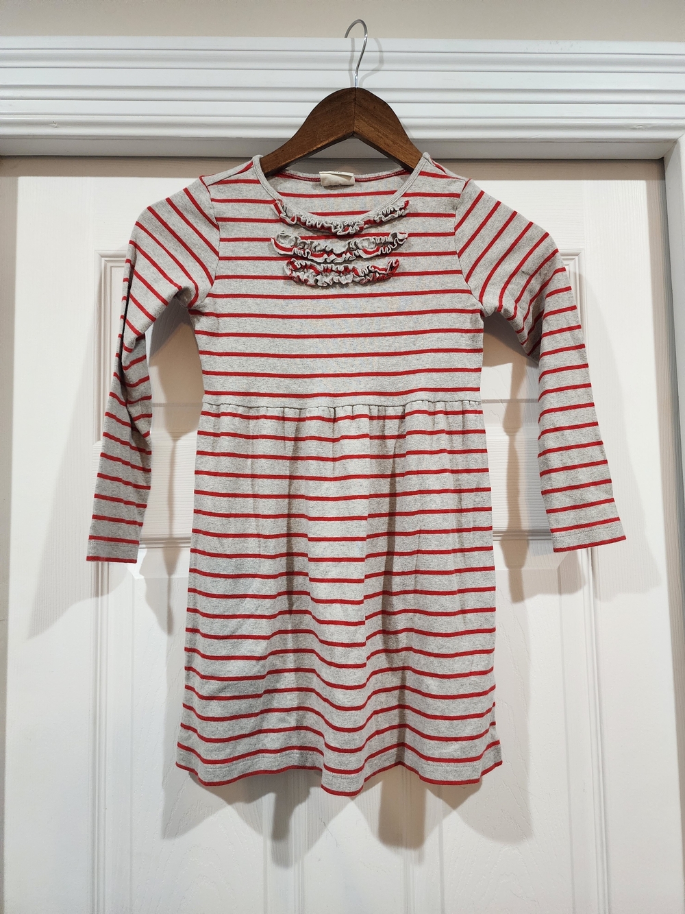 Mini Boden Red and Cream Striped Long-Sleeve Ruffle Dress